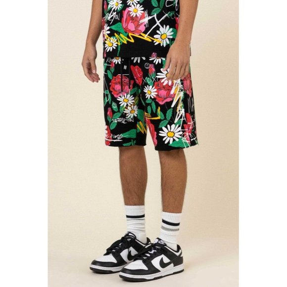 FIRST ROW CASUAL PANTS SHORT SUMER ALLOVER ROSE BLOOM  PRINT - Picture 2 of 9